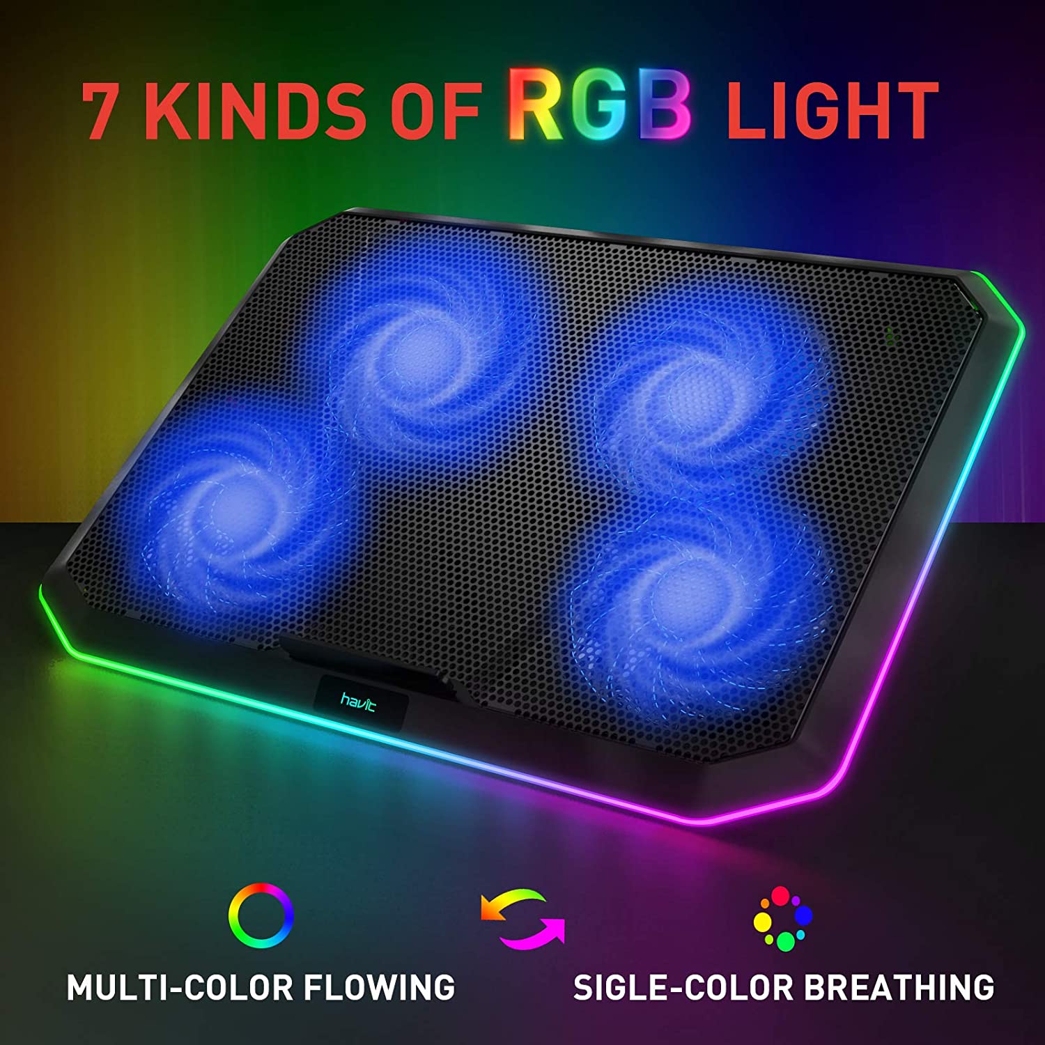 HAVIT HV-F2076 Gaming Laptop Cooling Pad for 12-17 Inch Laptop with 4 Quiet Fans & RGB Backlight