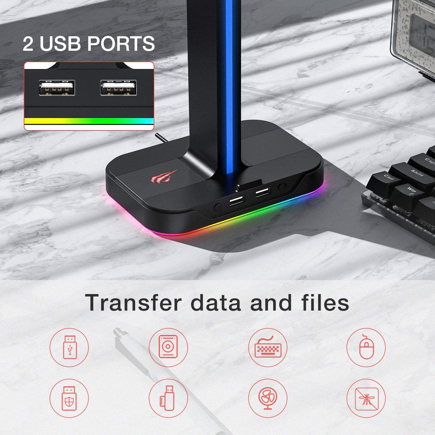 HAVIT TH650 RGB Headset Stand with Dual Hanger & 2 USB Ports