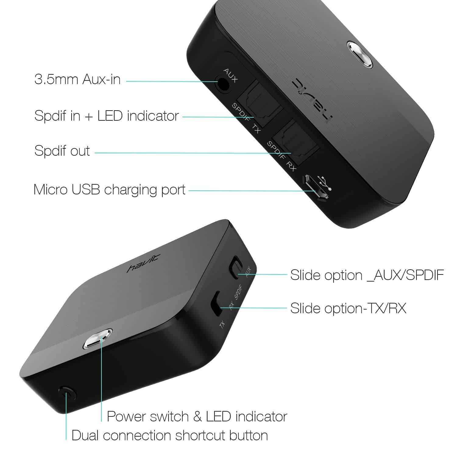 HAVIT HV-BT022 Émetteur et récepteur Bluetooth optique avec faible latence et AUX 3,5 mm