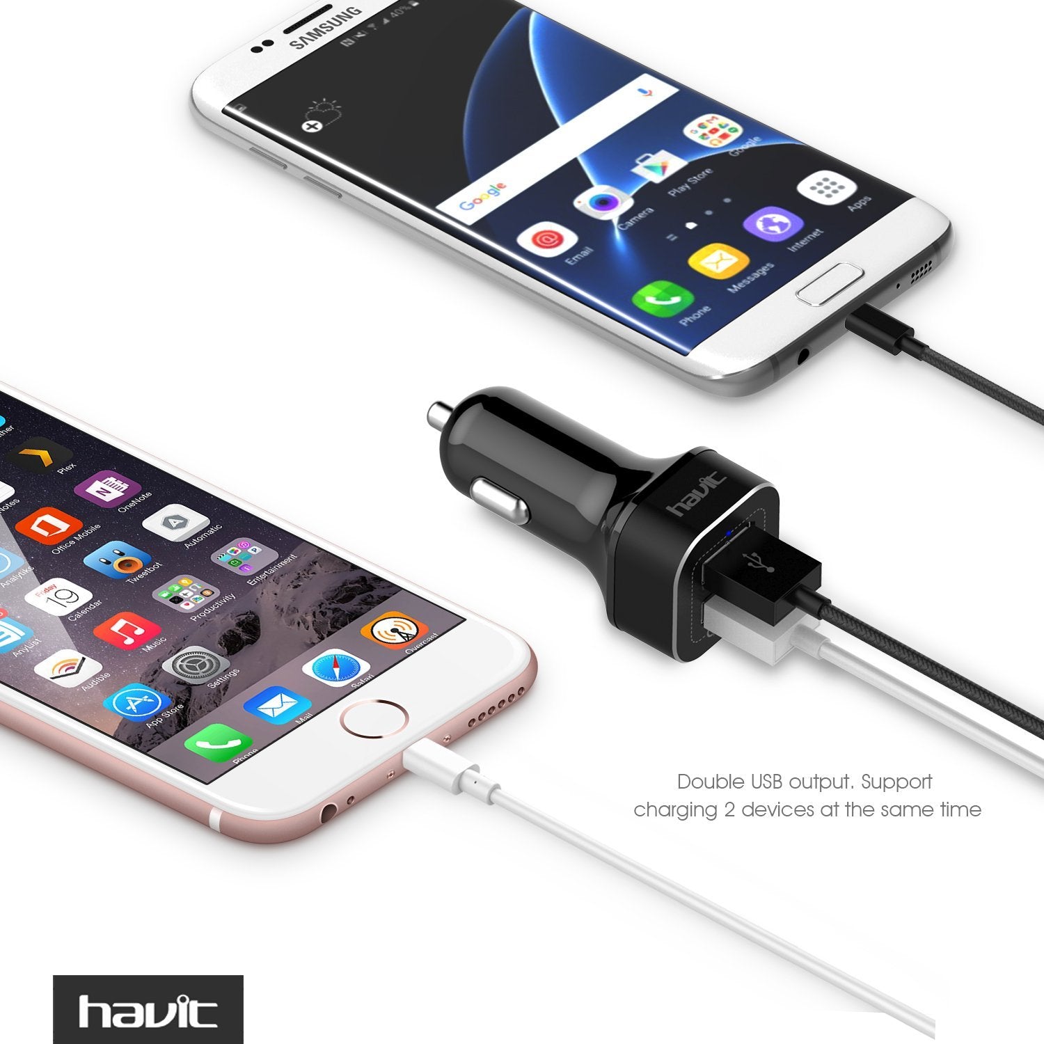 HAVIT HV-ST001 QC 3.0カーチャージャーと3A編組マイクロUSBケーブル、36W、デュアルUSBポート