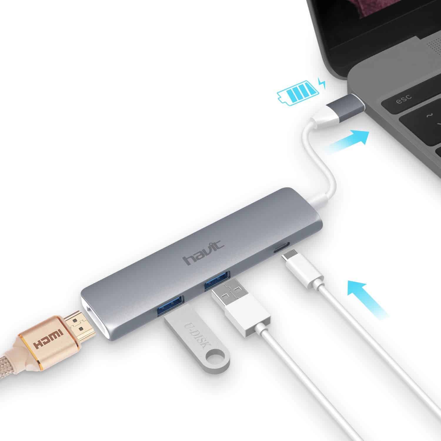 HAVIT HV-TPC78 3-In-1 USB Type-Cハブ、USB 3.0、HDMI、およびPD充電付き