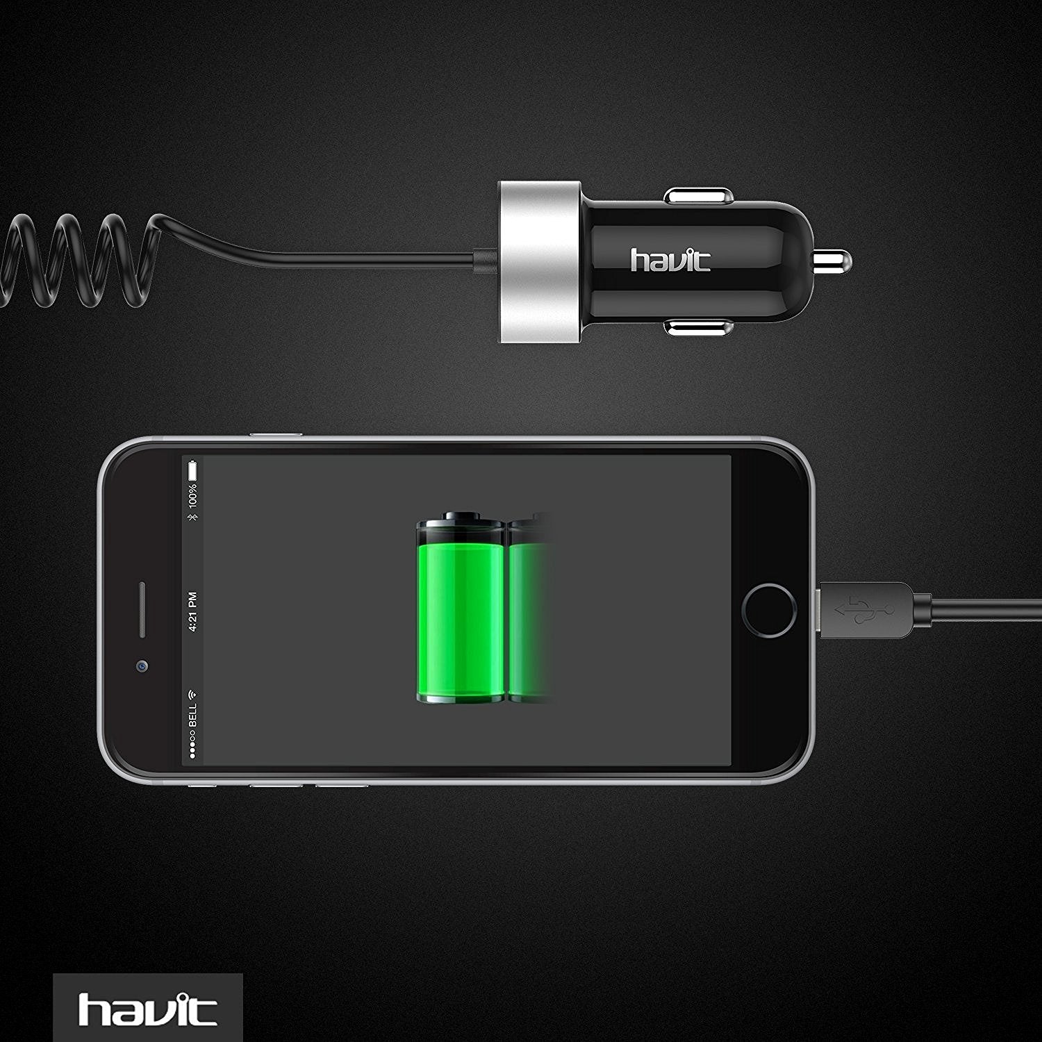 コイル状のマイクロUSBユニバーサルケーブルを備えたHAVIT HV-UC271カーチャージャーアダプター