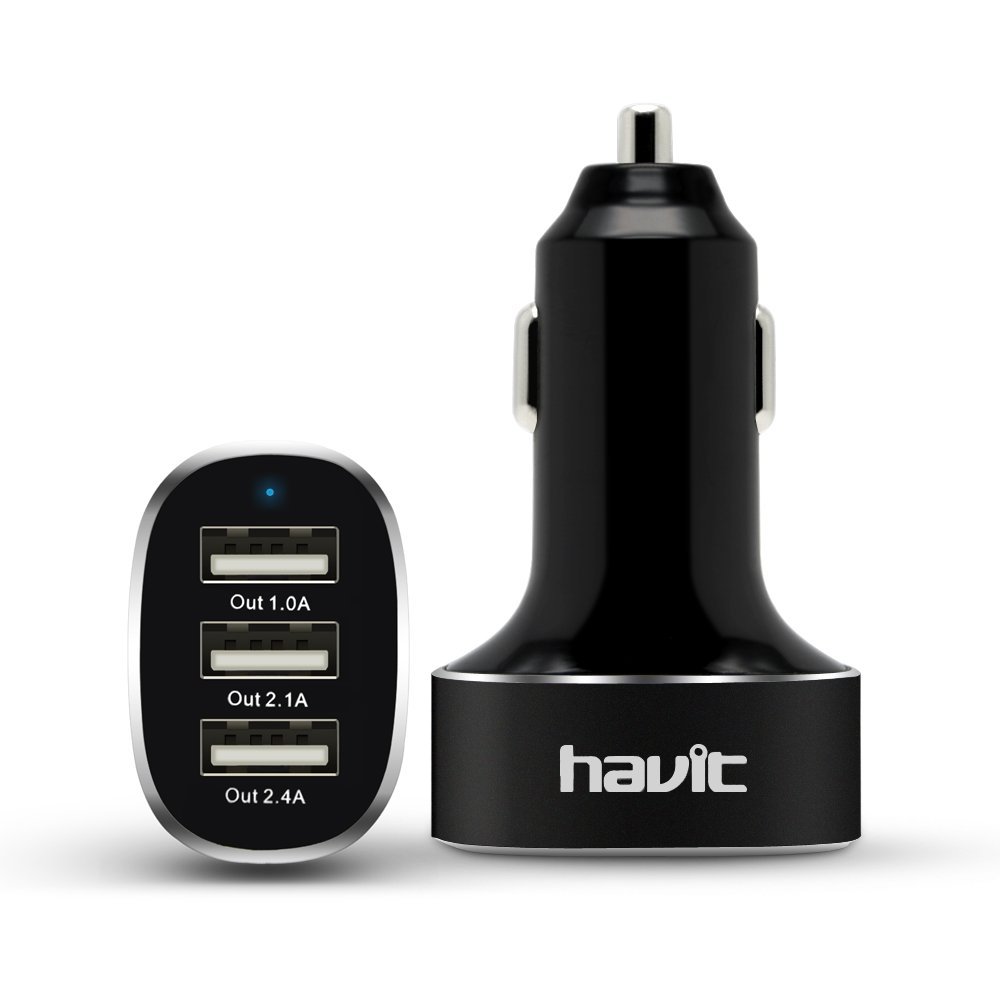 HAVIT® HV-245U Chargeur de voiture USB rapide à 3 ports 5A /25W (2,4A 2,1A 1A) avec panneau en aluminium