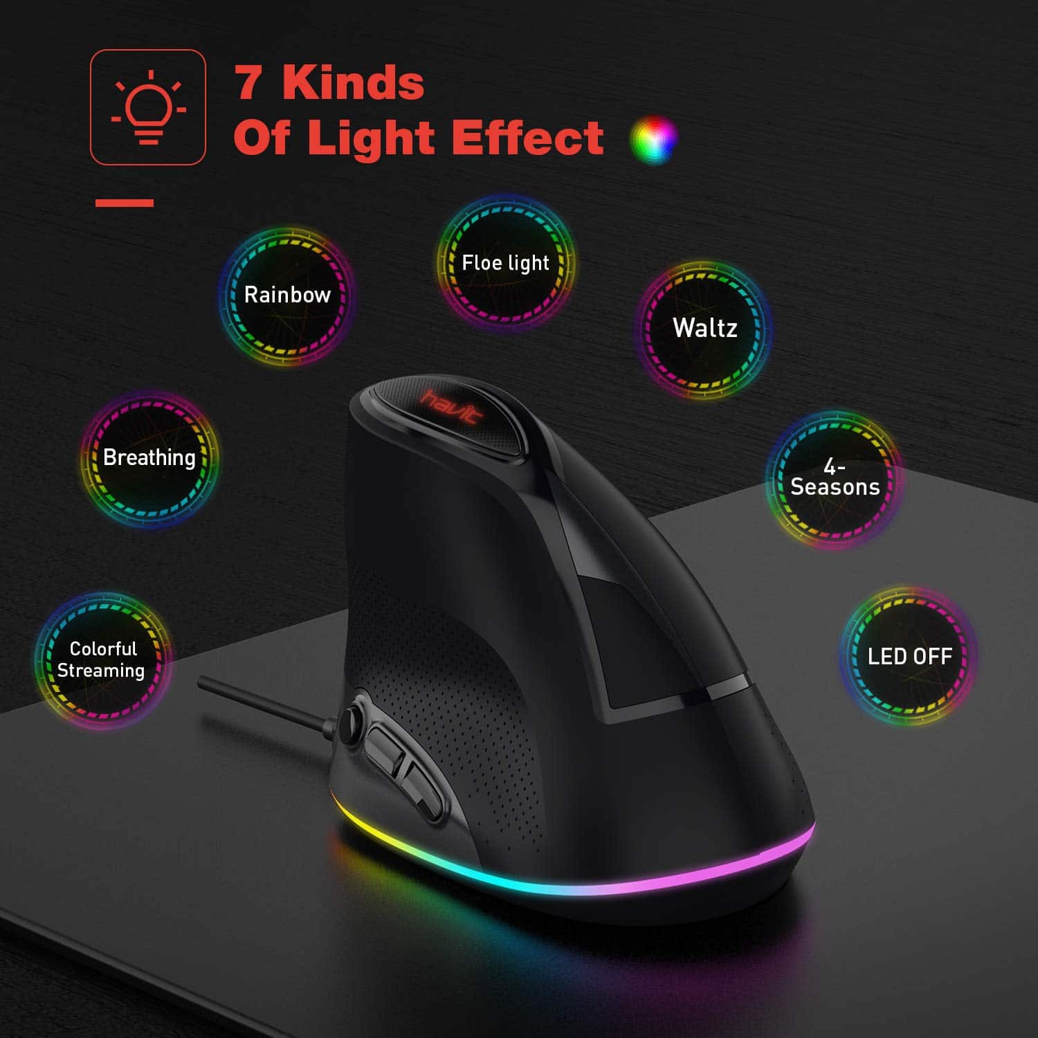 HAVIT HV-MS764 Wired Ergonomic Vertical Mouse with RGB Backlit