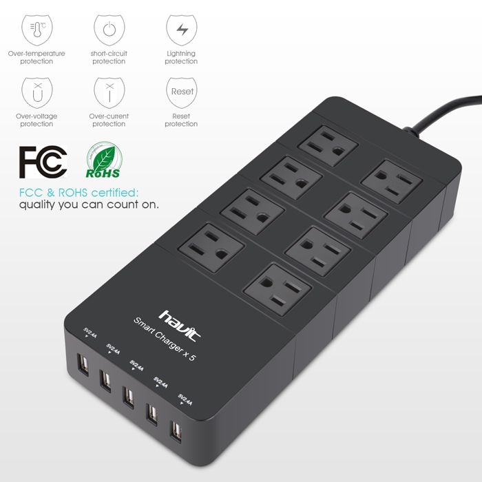 HAVIT HV-8A5U 8 AC Outlets Surge Protector / Power Strip / Wall Charger with 5 Fast Charging USB Charger Charging Ports