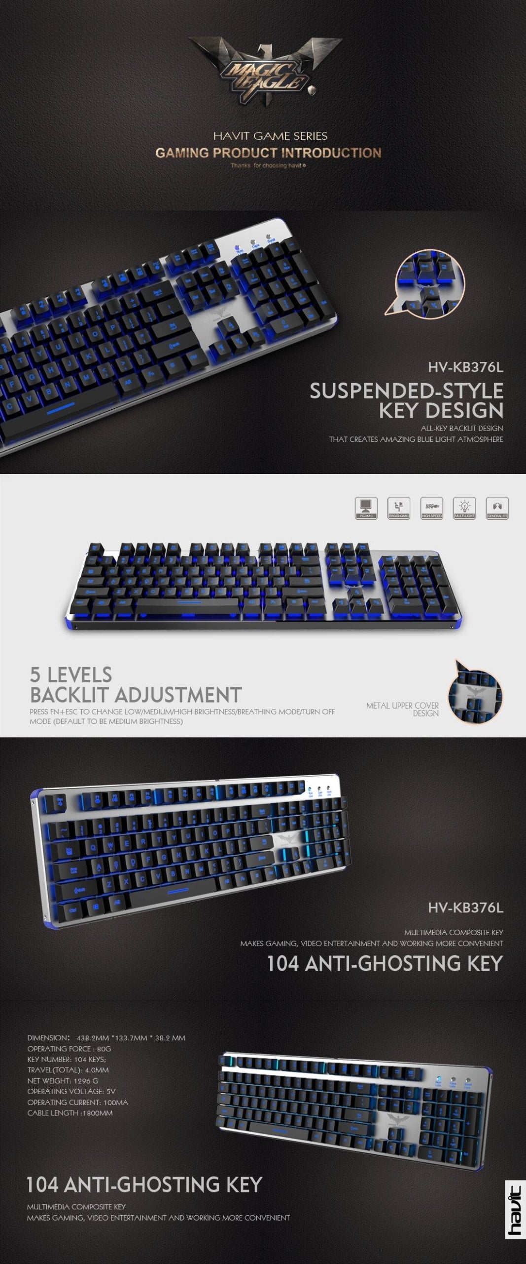 HAVIT HV-KB376L Blue LED Backlit Wired Mechanical Gaming Keyboard with Blue Switches (Blue)