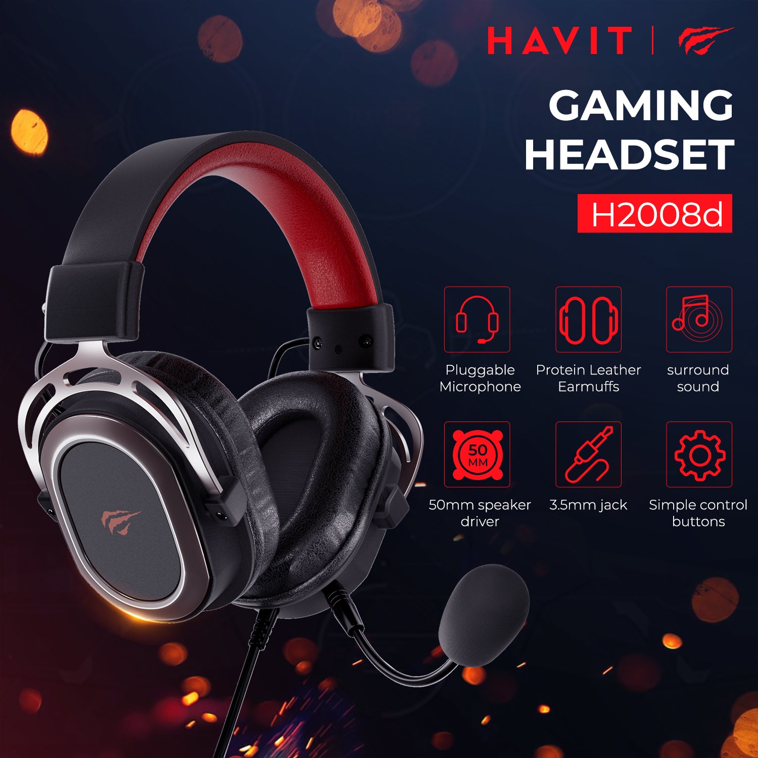 HAVIT H2008D 有線ゲーミング ヘッドセット 3.5mm プラグ 50mm ドライバー サラウンド サウンド HD 取り外し可能なマイク付き