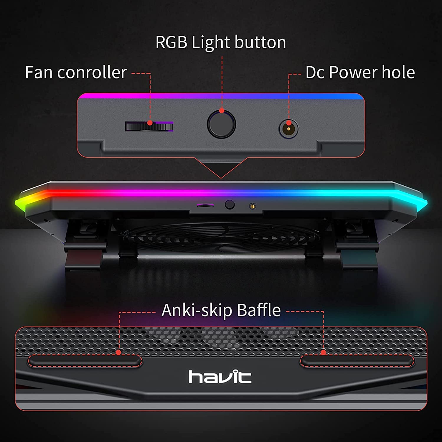 HAVIT HV-F2075 Gaming Laptop Cooling Pad for 10''-17'' Laptop with Adjustable RGB Mode