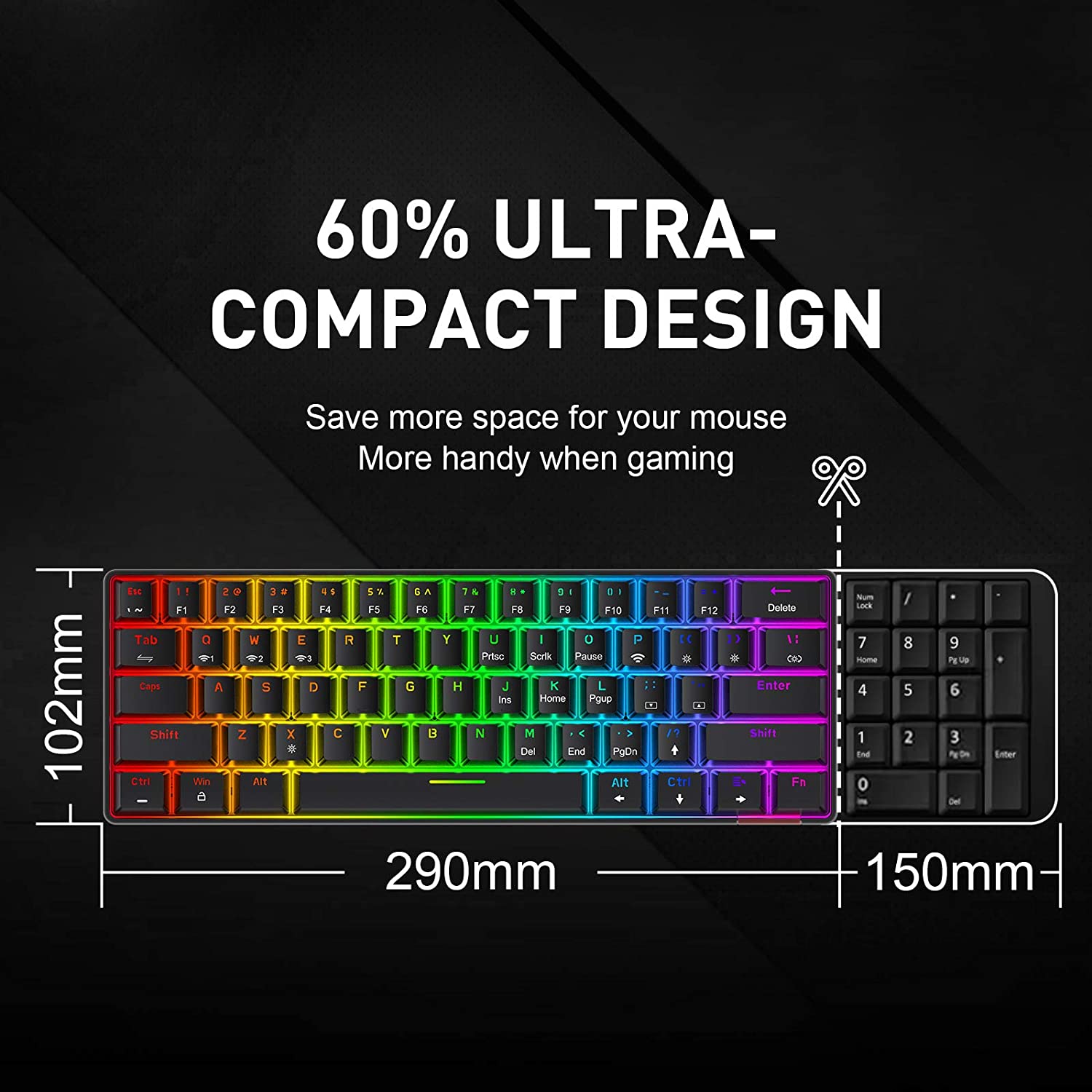 HAVIT KB255GCM Wireless 60% Mechanical Keyboard with 61 keys, Rainbow Backlit, Bluetooth 5.0 / Wired Modes