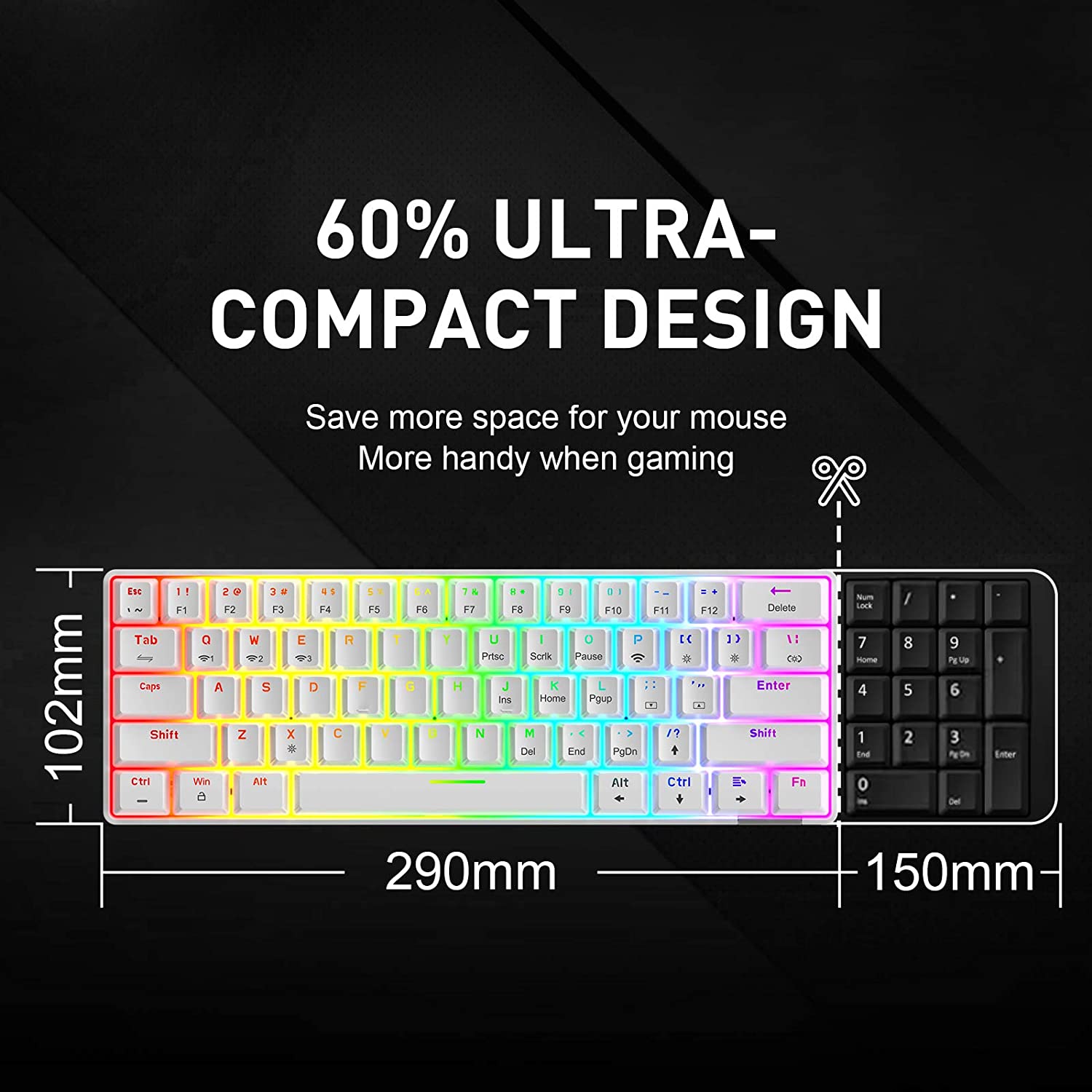 HAVIT KB255GCM Wireless 60% Mechanical Keyboard with 61 keys, Rainbow Backlit, Bluetooth 5.0 / Wired Modes