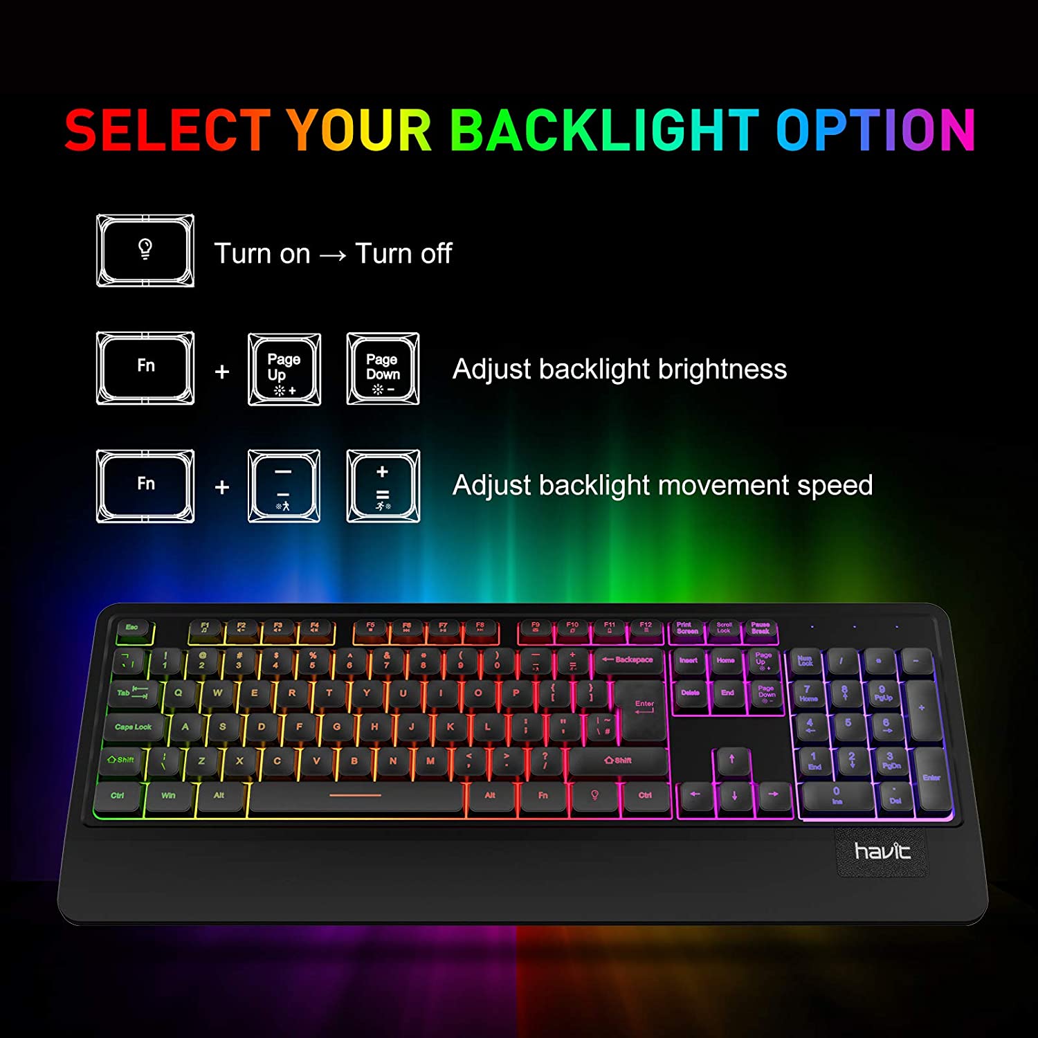 HAVIT KB488L Computertastatur 104 Tasten mit Regenbogen-Hintergrundbeleuchtung und Handballenauflage 