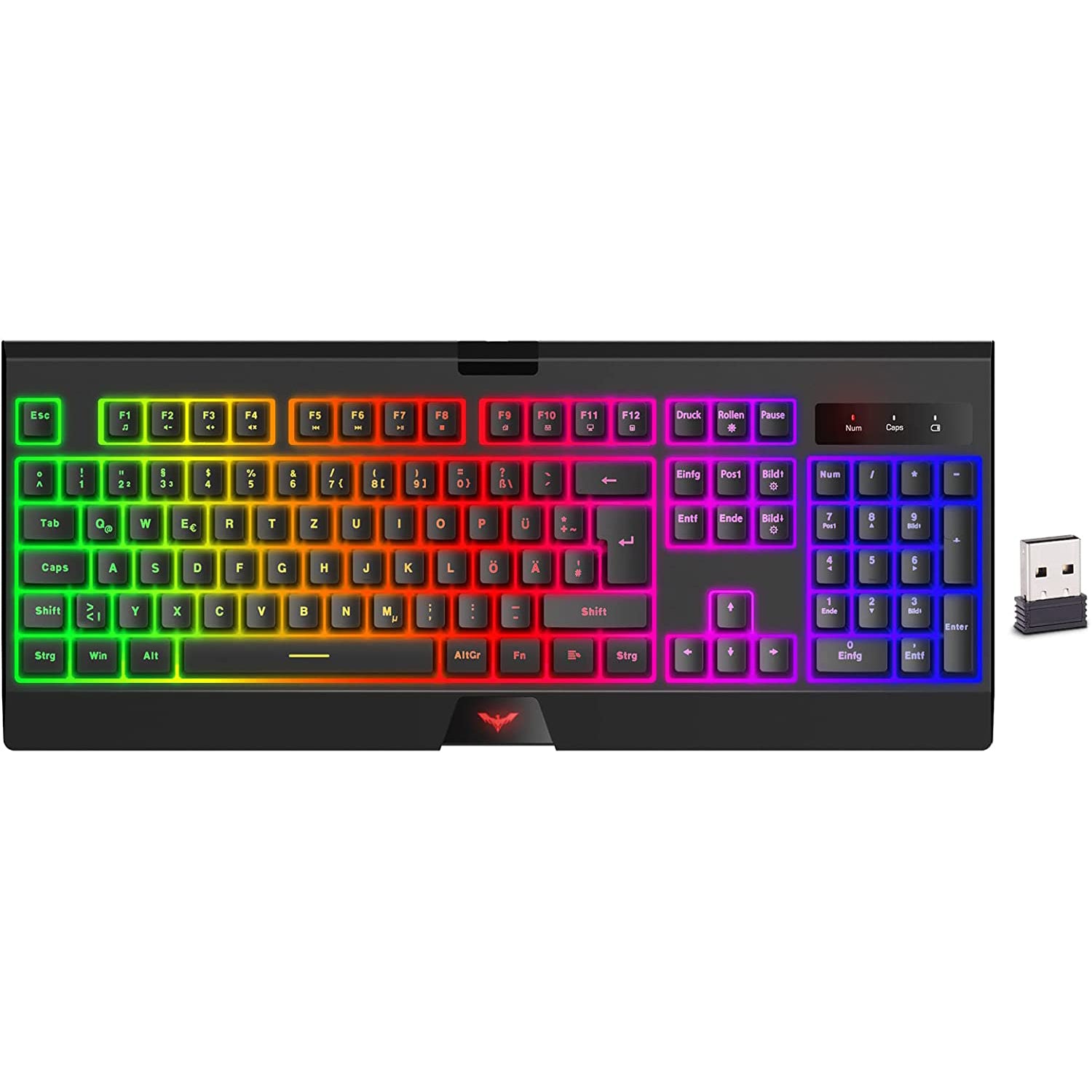 HAVIT KB663GCM Wireless Gaming Keyboard, 104 Keys Rechargeable, LED Rainbow Backlit