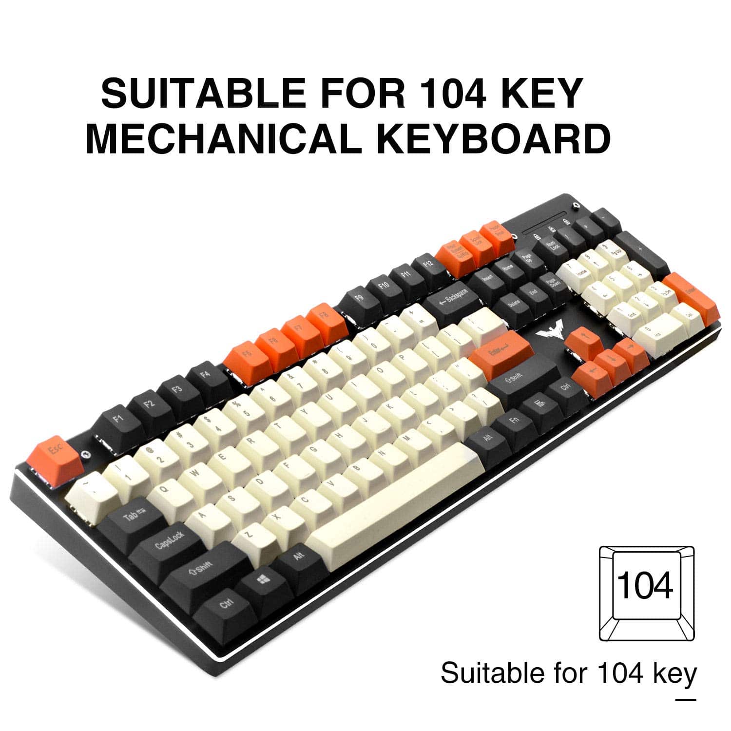 HAVIT KC23 PBT Keycaps 104 touches avec extracteur pour clavier mécanique Cherry MX (noir, blanc et orange)