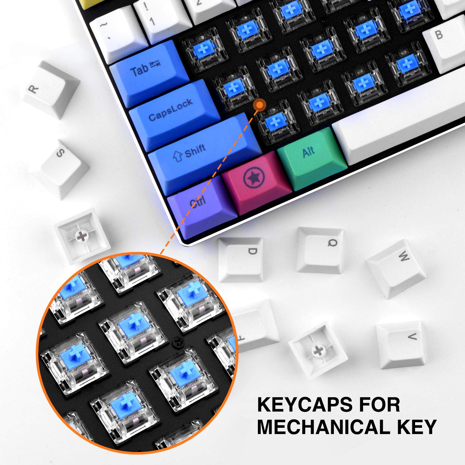 HAVIT KC25 PBT Keycaps 104 Keys with Puller for Cherry MX Mechanical Keyboard (White & Blue &Yellow)