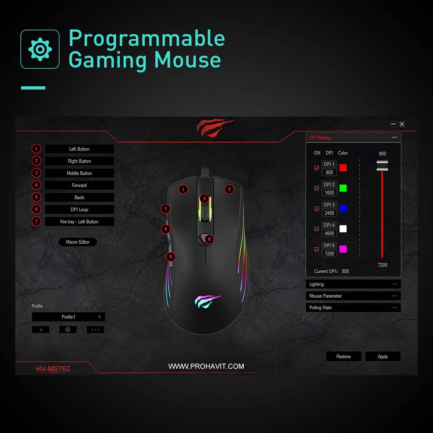 HAVIT MS762 Programmierbare Gaming-Maus mit 7200 DPI, RGB-Hintergrundbeleuchtung, 7 Tasten 