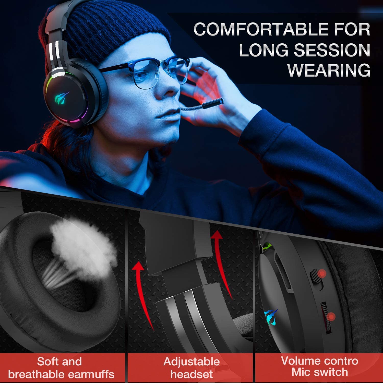 HAVIT TH650A RGB Gaming Headset & Dual Hanger Headphone Stand Set with Phone Holder & 2 USB Ports