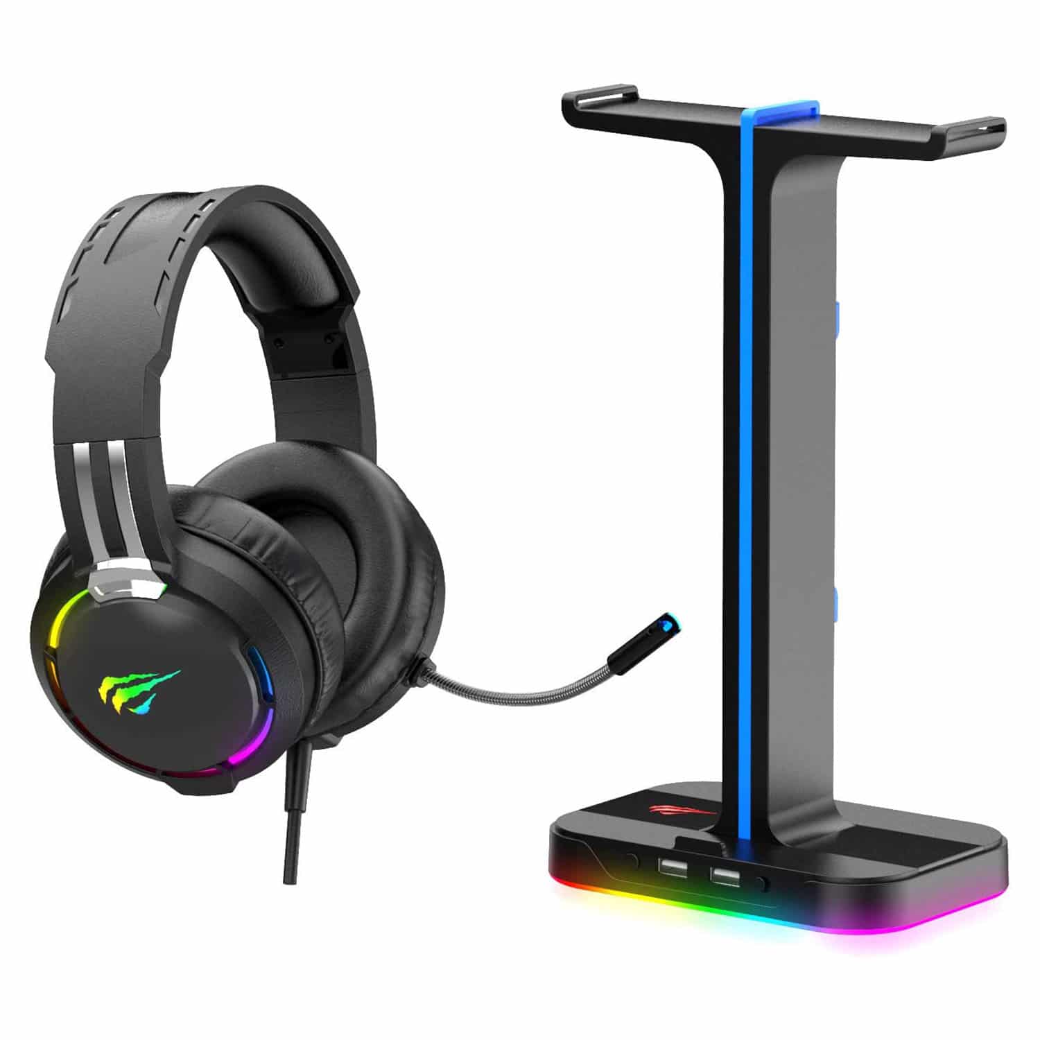 HAVIT TH650A RGB Gaming Headset & Dual Hanger Headphone Stand Set with