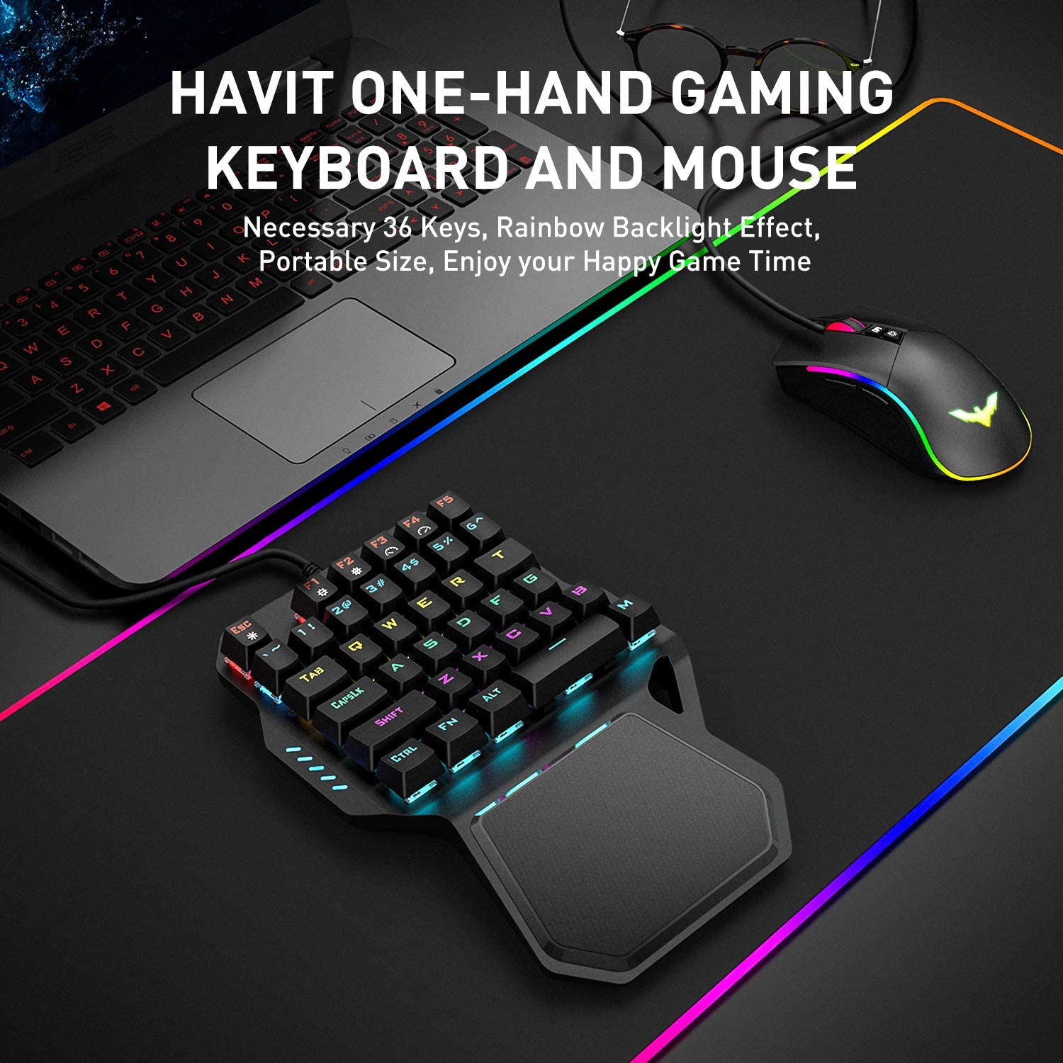 HAVIT RK-B20 One Hand RGB Gaming Keyboard & Programmable Mouse Combo - 36 Keys USB Keypad with Wrist Rest