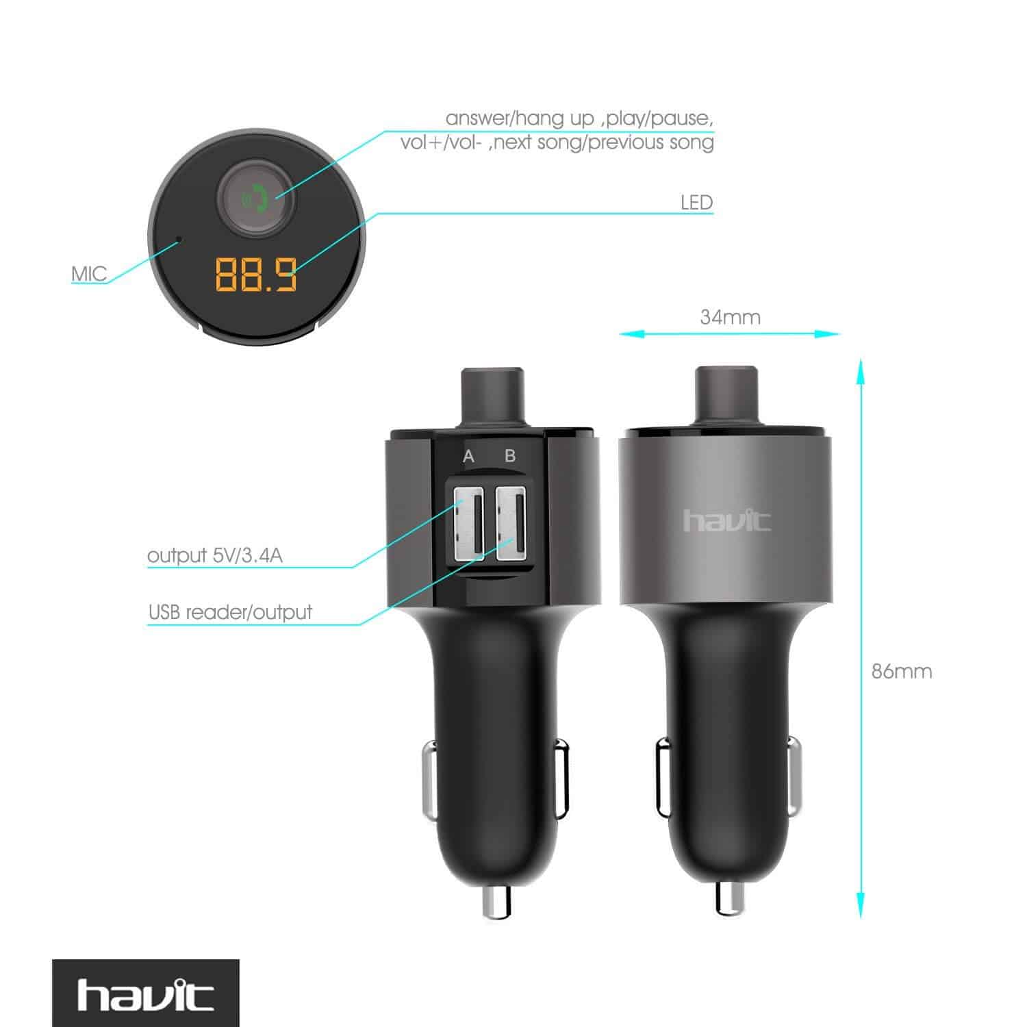 HAVIT HV-BT017 Transmetteur FM et chargeur de voiture avec deux ports et 3,4 A