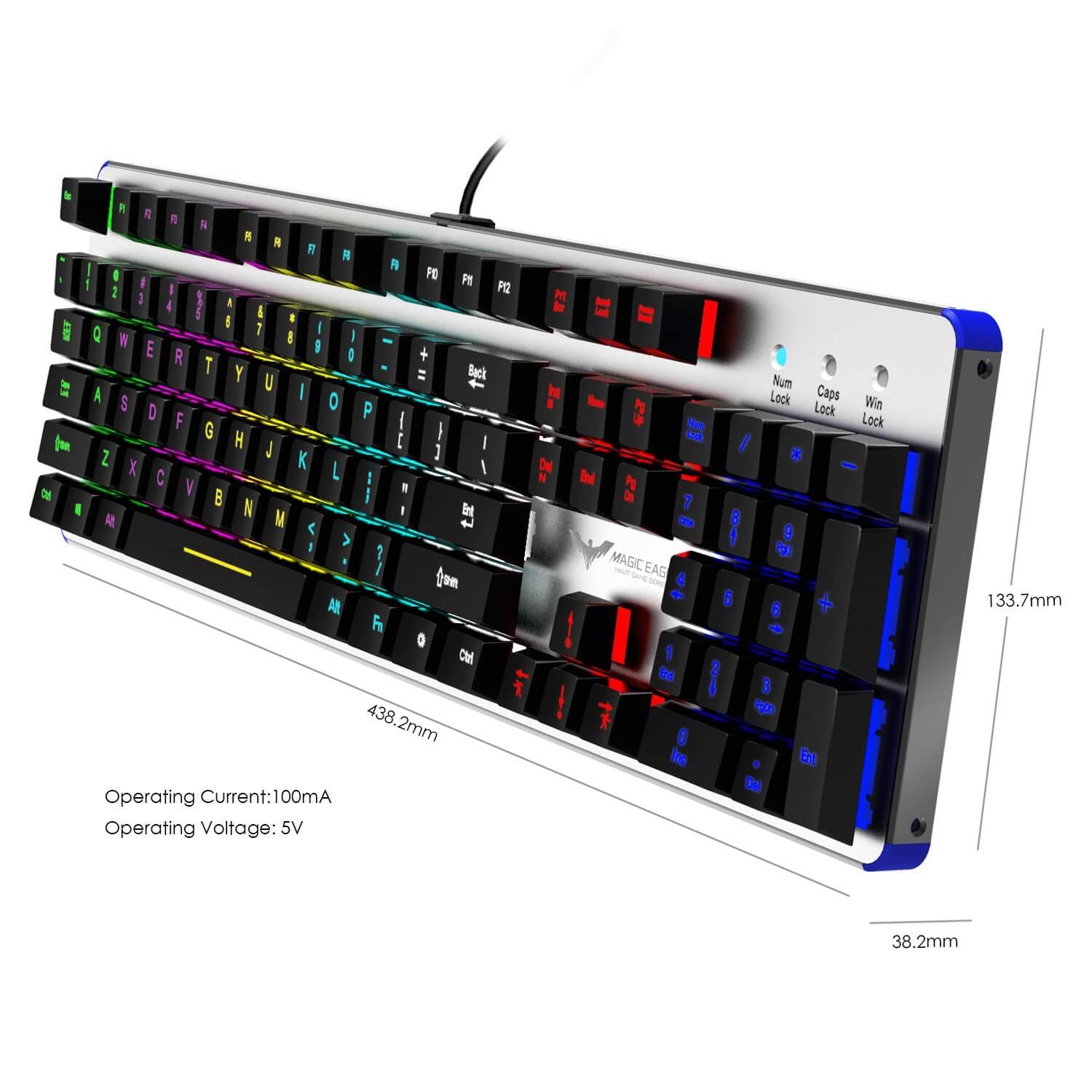 HAVIT HV-KB366L Mechanische Gaming-Tastatur mit RGB-Hintergrundbeleuchtung, blauer Schalter, NKRO, Metall, Silber