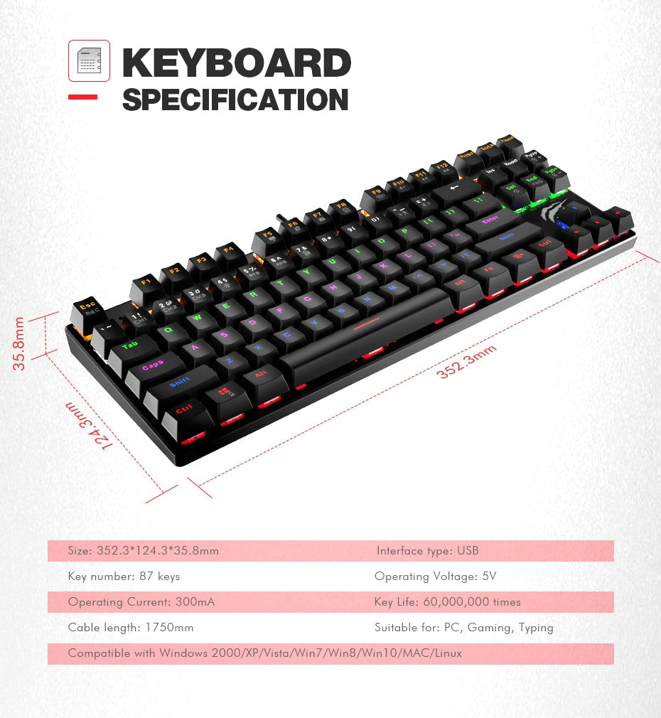 HAVIT HV-KB435L Tenkeyless mechanische Tastatur, 87 Tasten, RGB-Hintergrundbeleuchtung