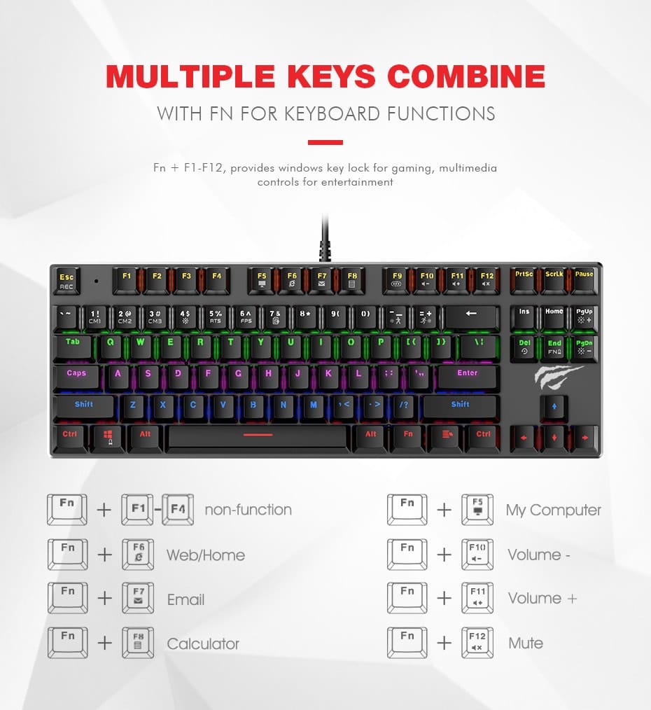 HAVIT HV-KB435L Tenkeyless mechanische Tastatur, 87 Tasten, RGB-Hintergrundbeleuchtung