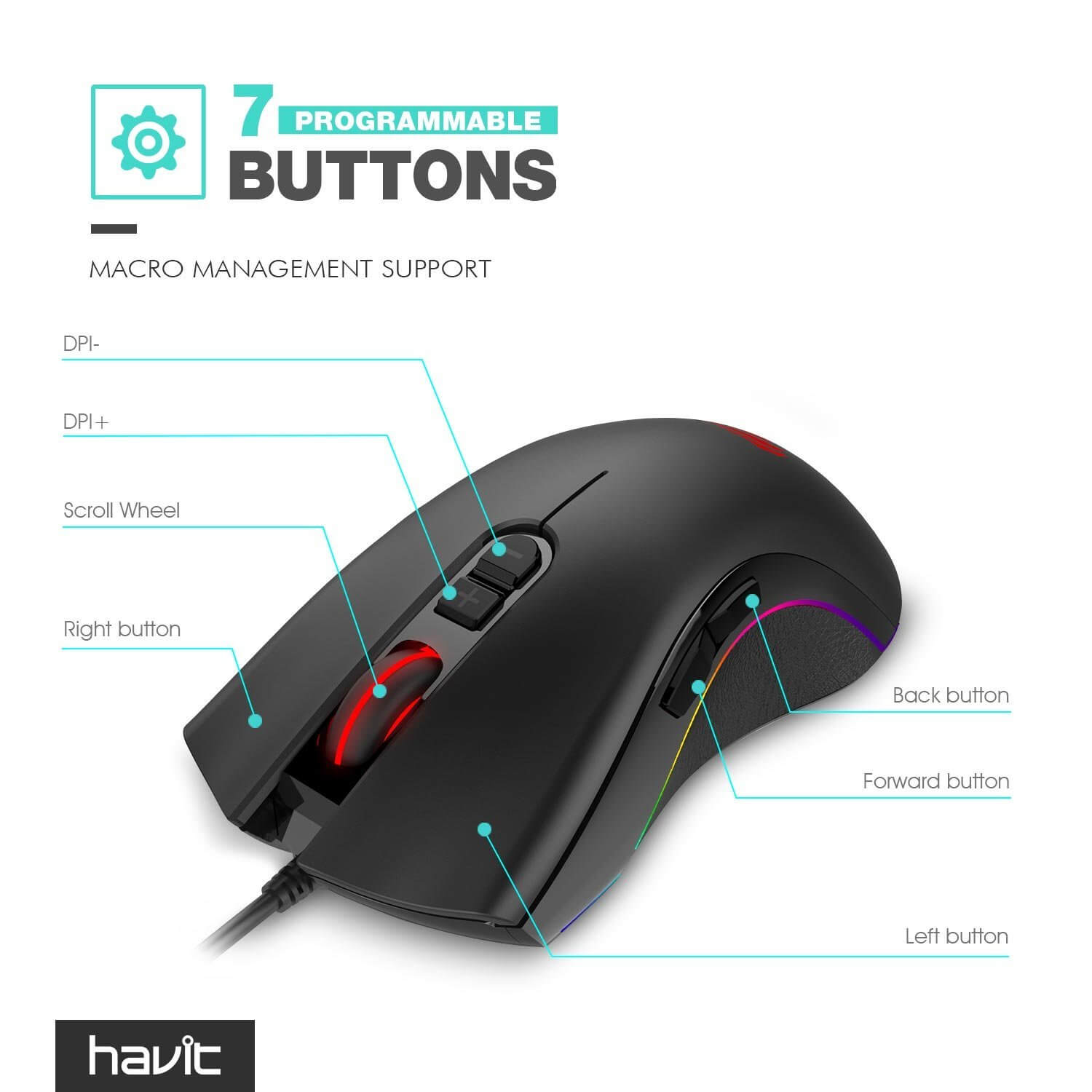 HAVIT HV-MS794 Programmierbare Gaming-Maus mit 4000 DPI und RGB-Hintergrundbeleuchtung