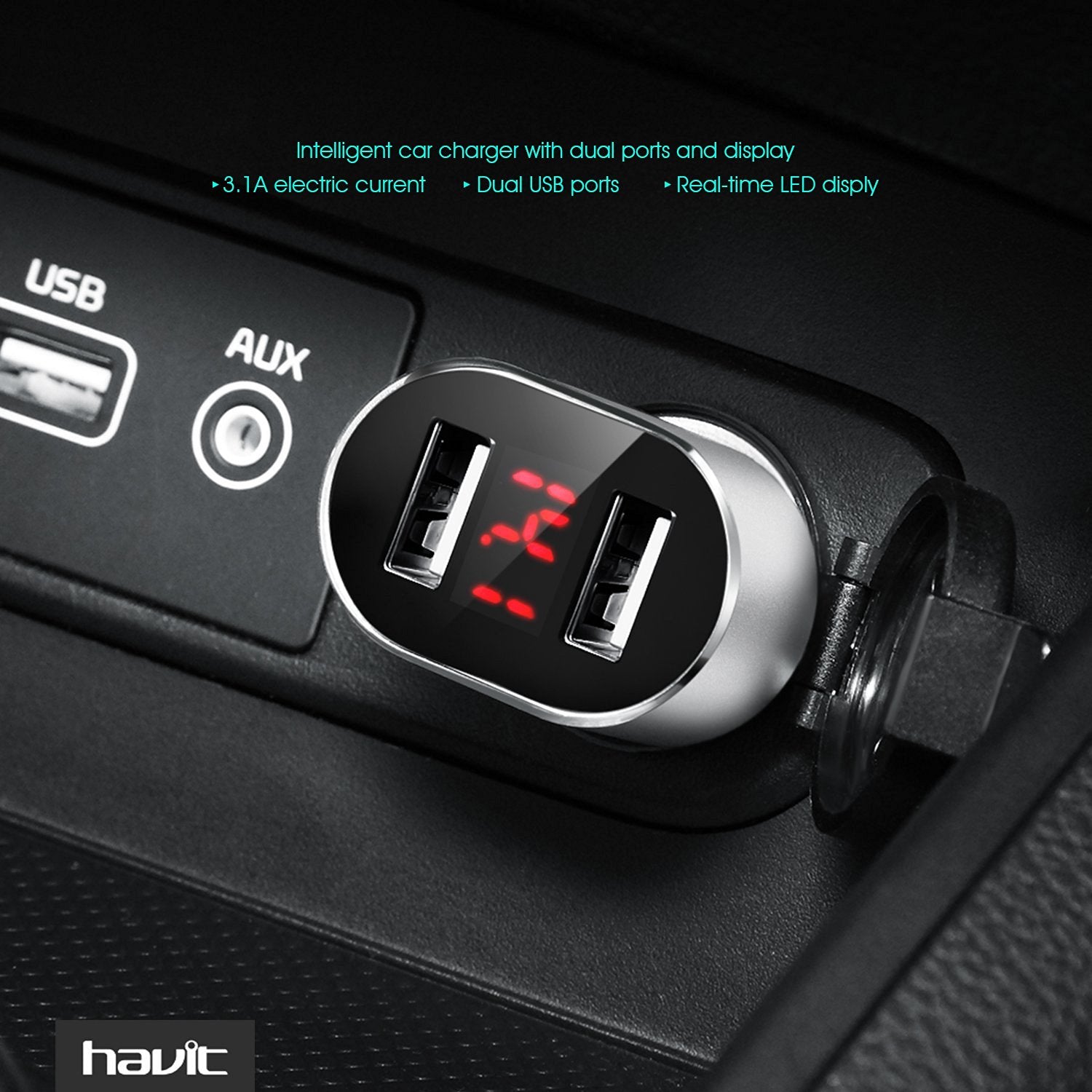 HAVIT HV-Q3 2.4A Car Charger, LED Voltage Display, Dual Smart Charging USB Ports