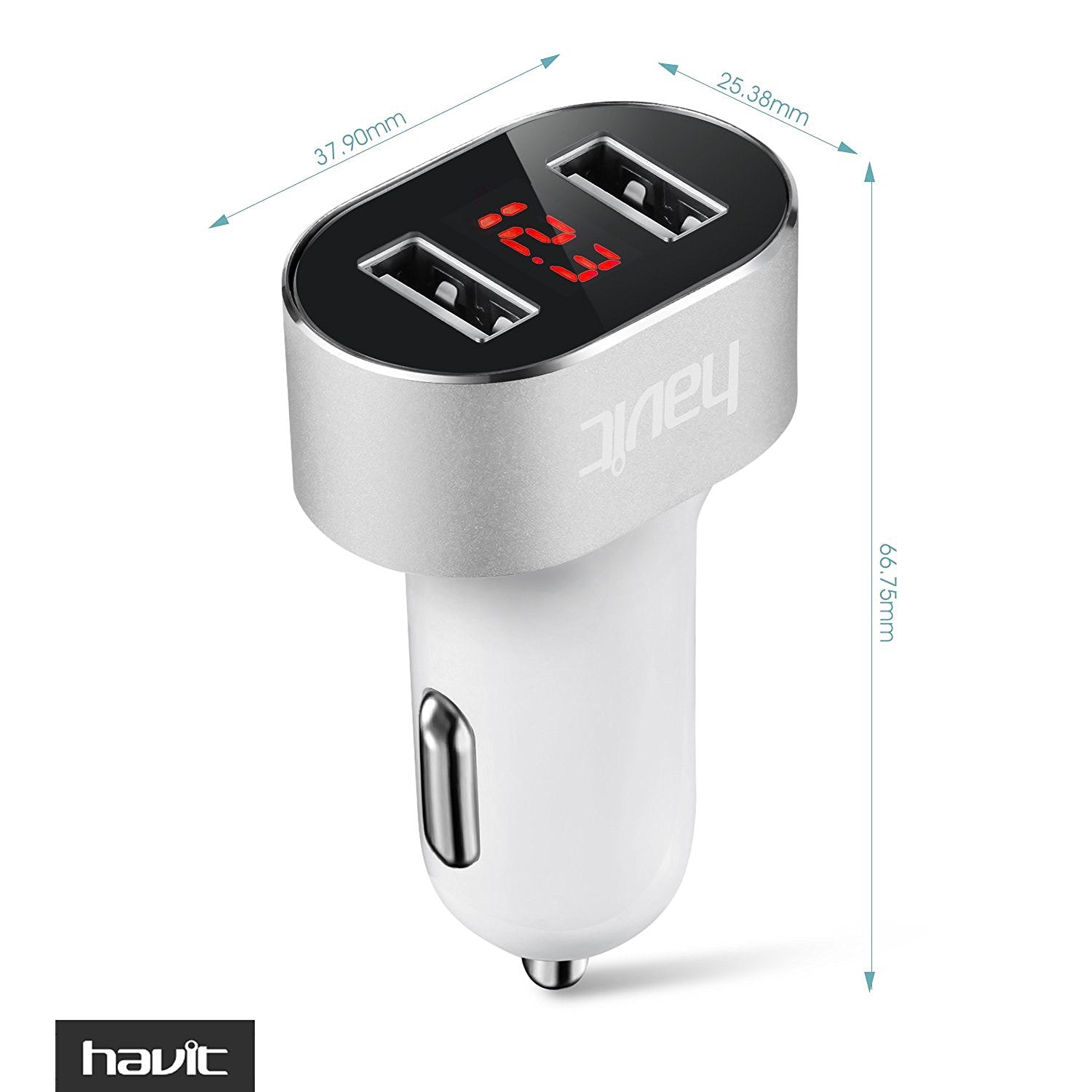 HAVIT HV-Q3 2.4Aカーチャージャー、LED電圧ディスプレイ、デュアルスマート充電USBポート