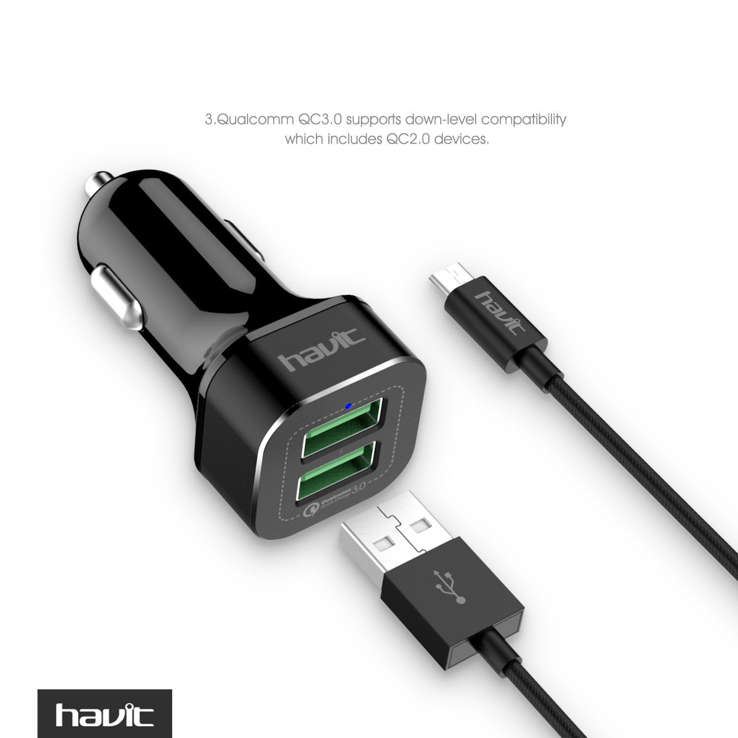 HAVIT HV-ST001 QC 3.0 Chargeur de voiture et câble micro USB tressé 3 A, 36 W, deux ports USB