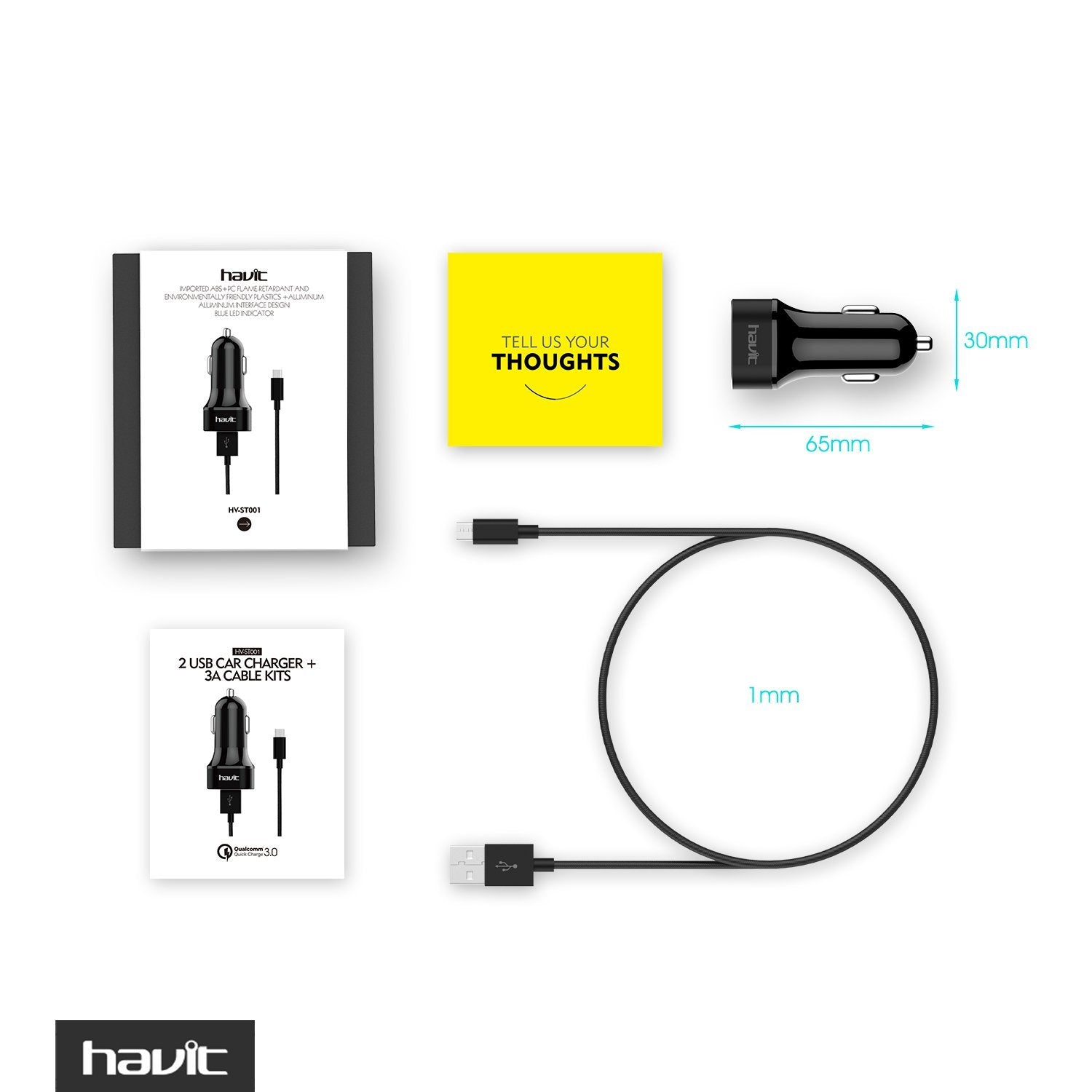 HAVIT HV-ST001 QC 3.0 Car Charger & 3A Braided Micro USB Cable, 36W, Dual USB Ports