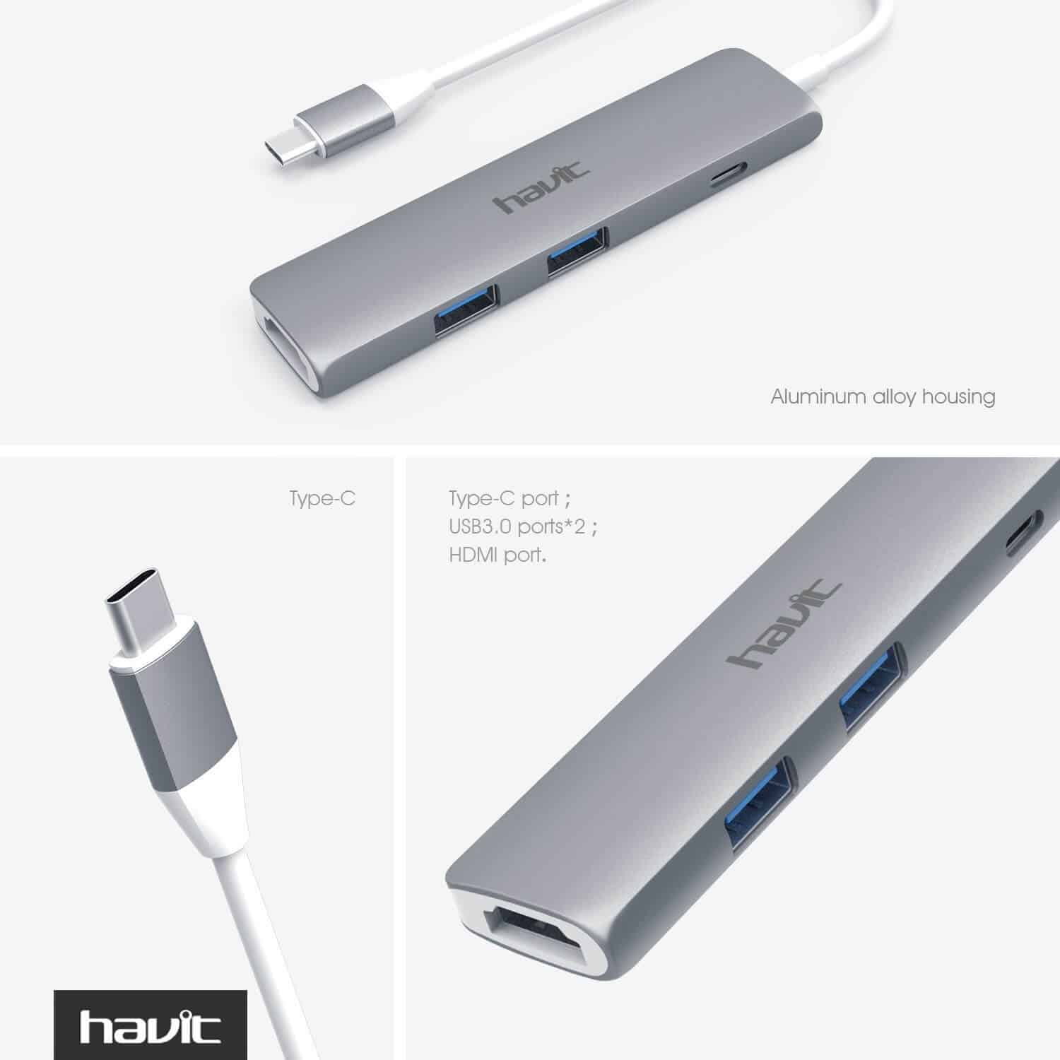 HAVIT HV-TPC78 3-In-1 USB Type-C Hub with USB 3.0, HDMI, & PD Charging