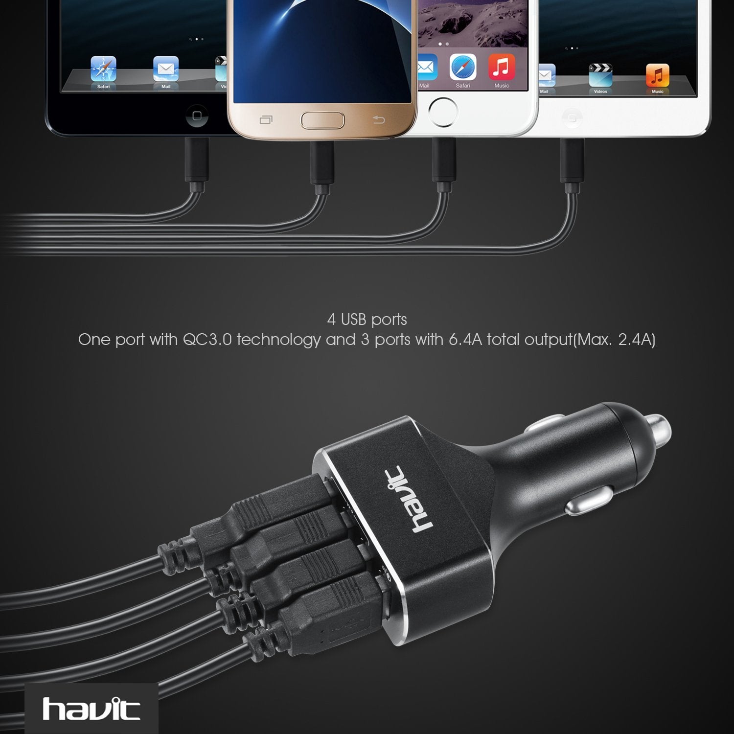 HAVIT HV-UC2034 Quick Charge 3.0 Car Charger, 54W, 4 USB Ports