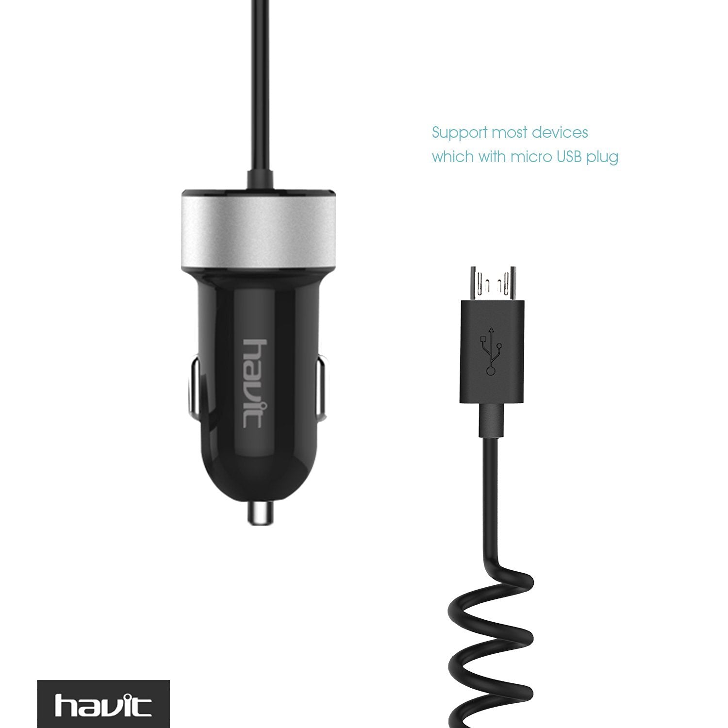 HAVIT HV-UC271 Car Charger Adapter with Coiled Micro USB Universal Cable
