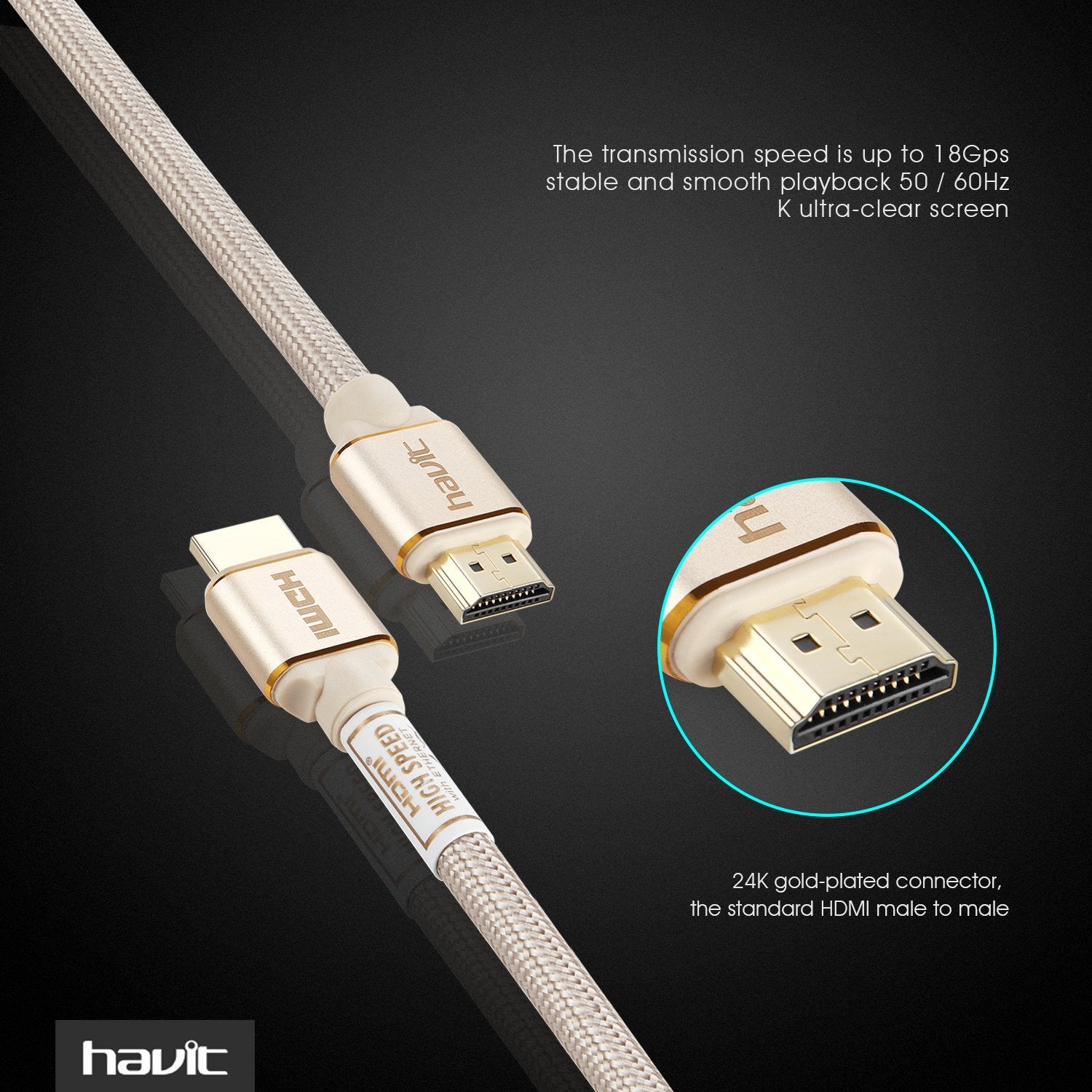 HAVIT HV-X90 HDMI 2.0-Kabel, 2 Meter, Stecker auf Stecker, geflochten, vergoldete Stecker
