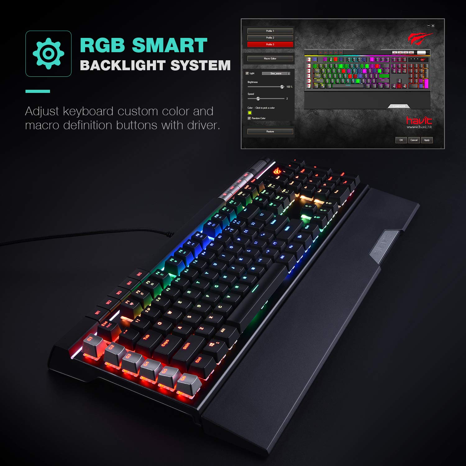 KB462L Mechanische Tastatur mit abnehmbarer Handballenauflage, RGB-Hintergrundbeleuchtung, Makrotasten