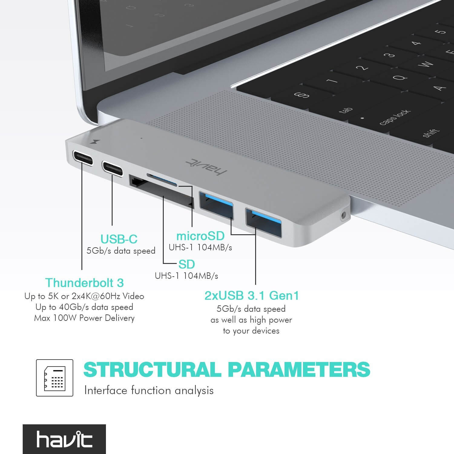 HAVIT T90 Thunderbolt 3 Dock/Hub für MacBook Pro 2016 13" / 15" mit Thunderbolt 3, USB-C, USB-A 3.0, SD und Micro SD