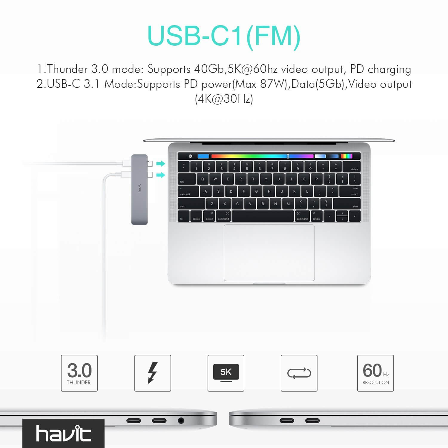 HAVIT T90 Thunderbolt 3 Dock / Hub for MacBook Pro 2016 13” / 15” with Thunderbolt 3, USB-C, USB-A 3.0, SD & Micro SD