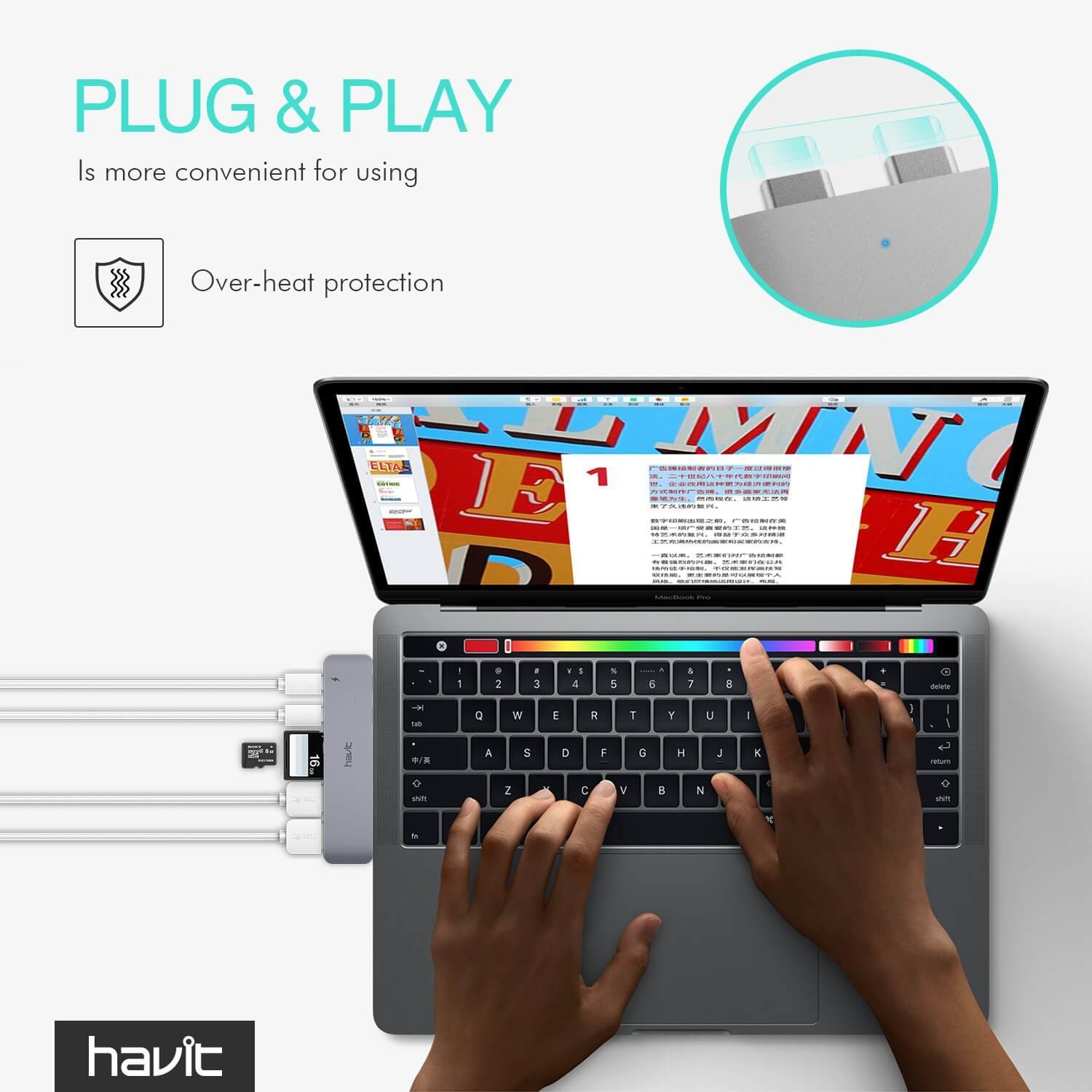 HAVIT T90 Thunderbolt 3 Dock/Hub für MacBook Pro 2016 13" / 15" mit Thunderbolt 3, USB-C, USB-A 3.0, SD und Micro SD