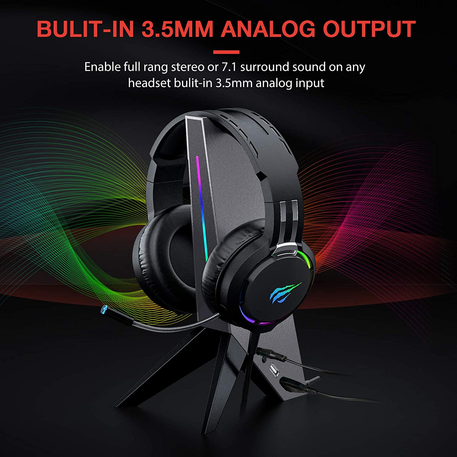HAVIT TH644U RGB Gaming Headset Stand with 3.5mm AUX & Dual USB Ports